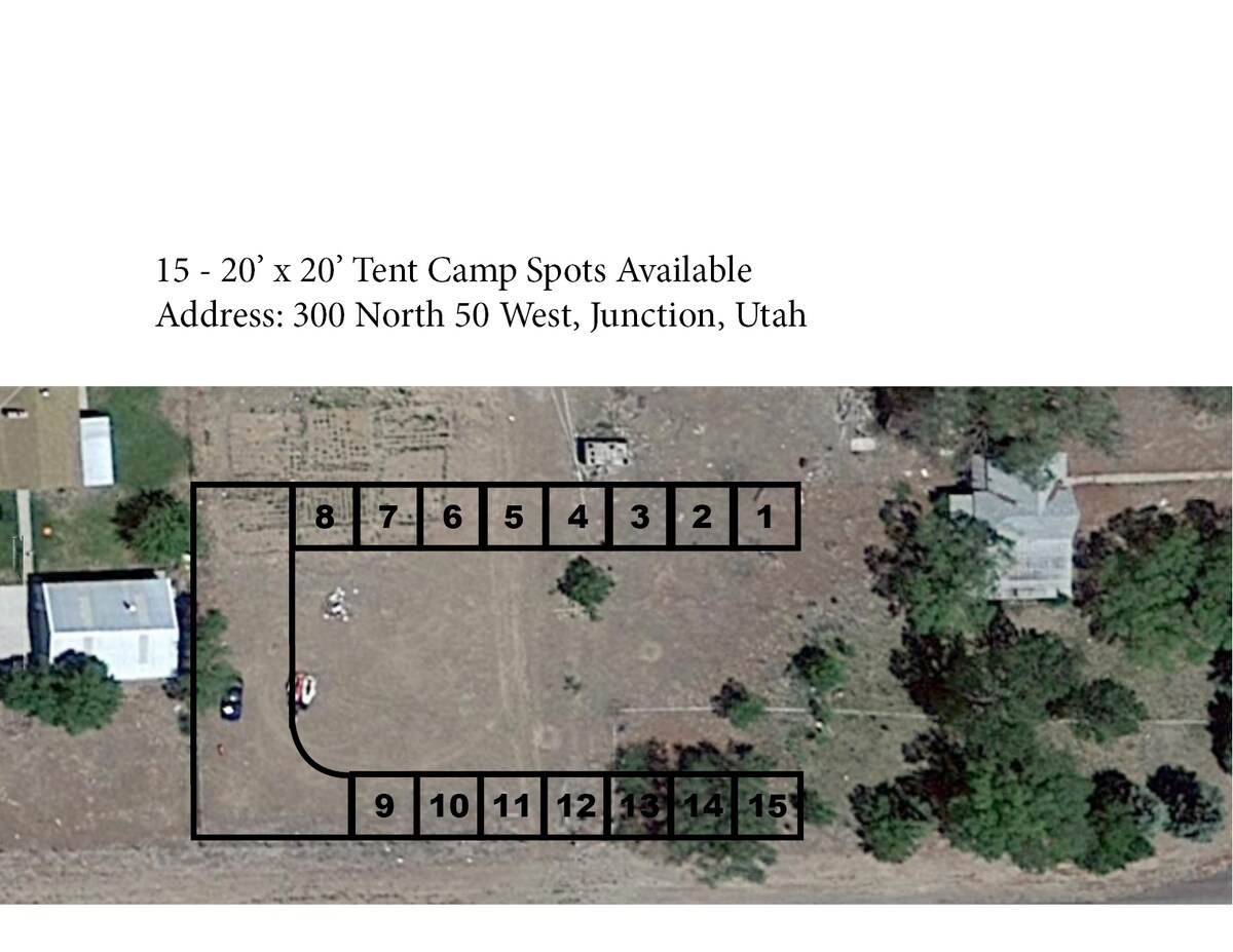 An aerial view displays a layout of 15 designated 20' x 20' tent camp spots, outlined in a rectangular formation. Surrounding areas include grassy patches and a few trees, indicating a rural setting in Junction, Utah.