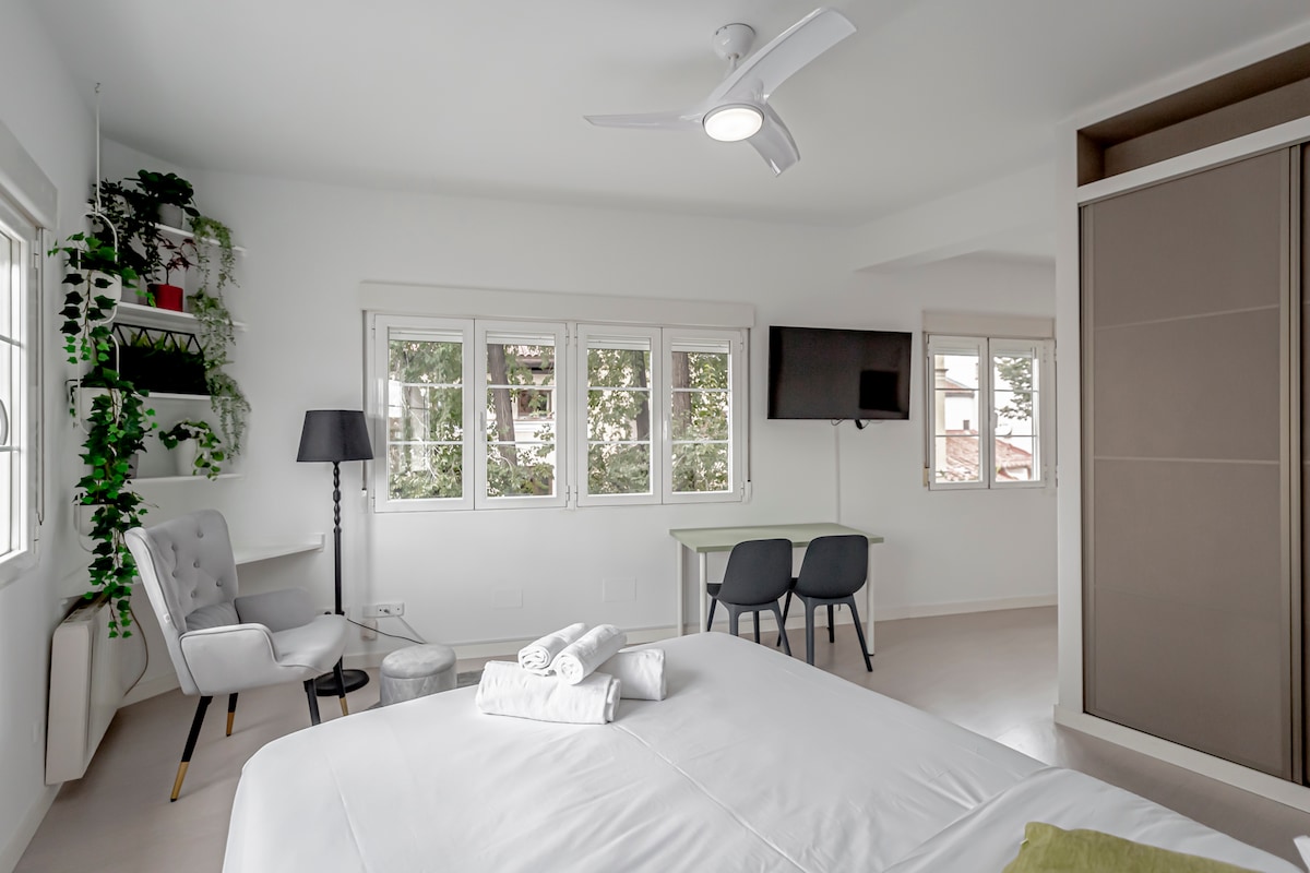 A bright sleeping area features a spacious bed with neatly arranged towels. A small dining table with two chairs is positioned adjacent to a television mounted on the wall. Large windows allow natural light to fill the room, complemented by a ceiling fan and decorative plants.
