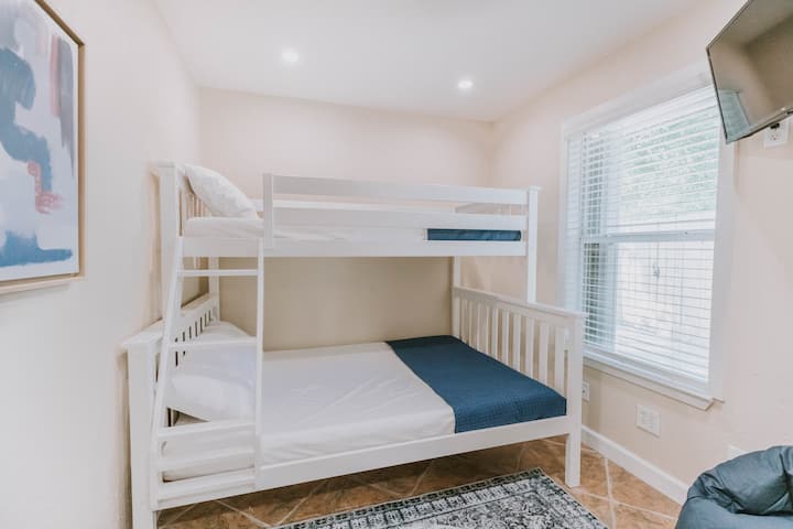 Bunk beds have a twin & a full mattress to sleep up to 3 guests 