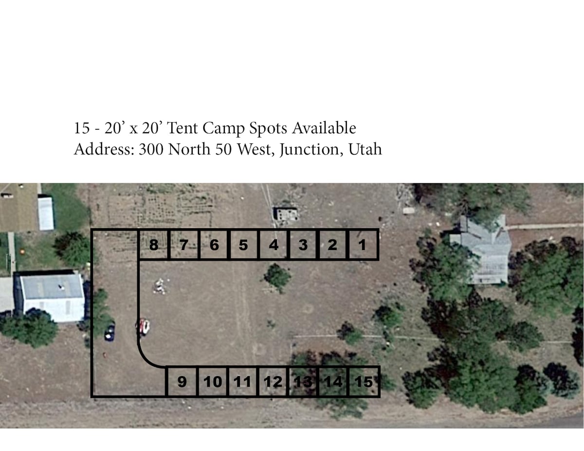 An aerial view of a designated camping area is presented, illustrating the layout of 15 tent camp spots, each measuring 20' x 20'. Surrounding greenery includes trees and open fields, while nearby structures are visible, highlighting the rural setting.