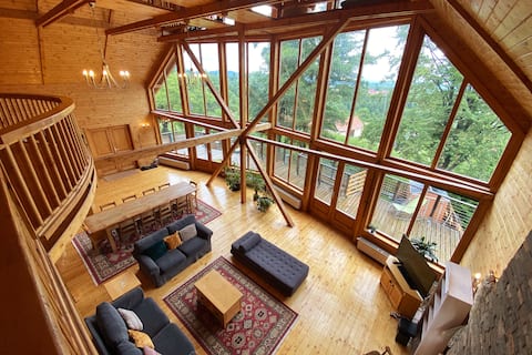 Carpathian Log Home, stunning glass wall chalet