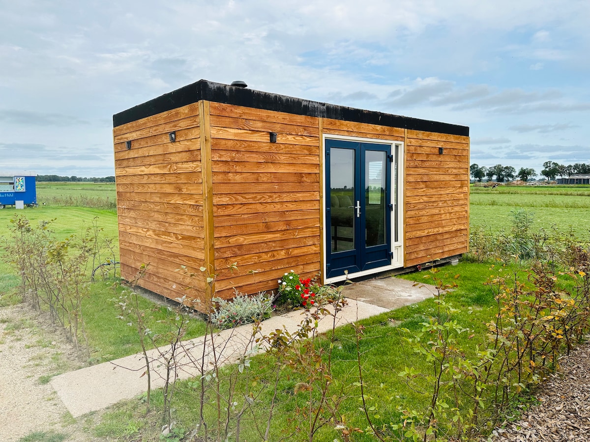 A modern tiny house with a wooden exterior is situated on a green lawn. It features large glass doors framed in navy blue, allowing light to enter. Surrounding greenery includes blooming plants and a pathway leading to the entrance, with open fields visible in the background.