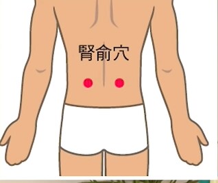 An illustration depicting the back of a person, with two red dots marked on the lower back region, labeled in Chinese as '腎俞穴.' The figure is shown in a neutral stance, wearing white underwear, emphasizing the targeted area without any additional details.