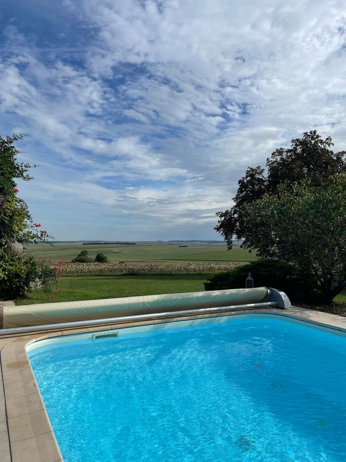 A tranquil swimming pool is positioned beside a lush garden, with distant views of the expansive countryside. Lush greenery, flowering plants, and tall trees frame the area, while a partly cloudy sky adds a serene atmosphere to the outdoor setting.