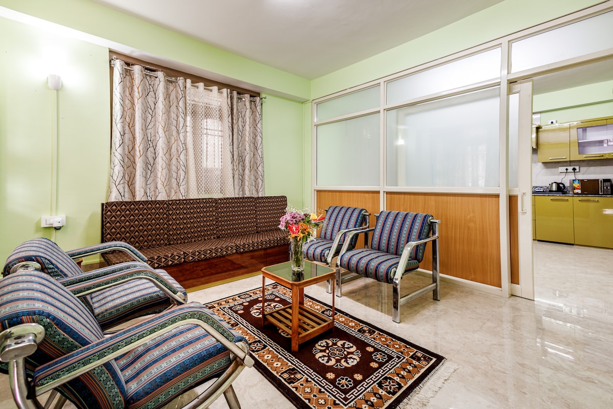 A bright living area features patterned seating arrangements with five metal-framed chairs and a sofa. A glass coffee table sits atop a decorative rug, surrounded by light green walls. Natural light filters through sheer curtains, illuminating the space.
