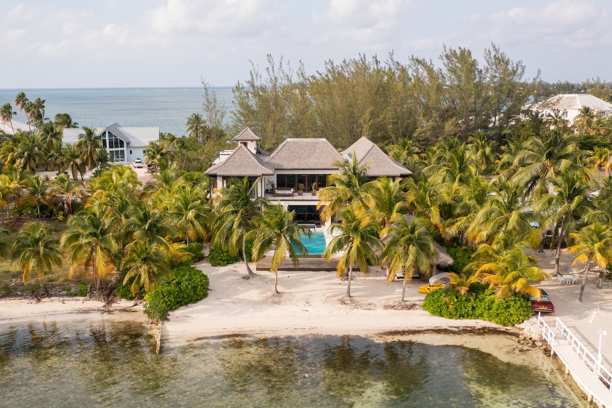 An aerial view of a spacious villa is surrounded by palm trees and lush greenery, with a private beach visible in the foreground. A shimmering infinity pool can be seen in the backyard, while the ocean sparkles in the background.