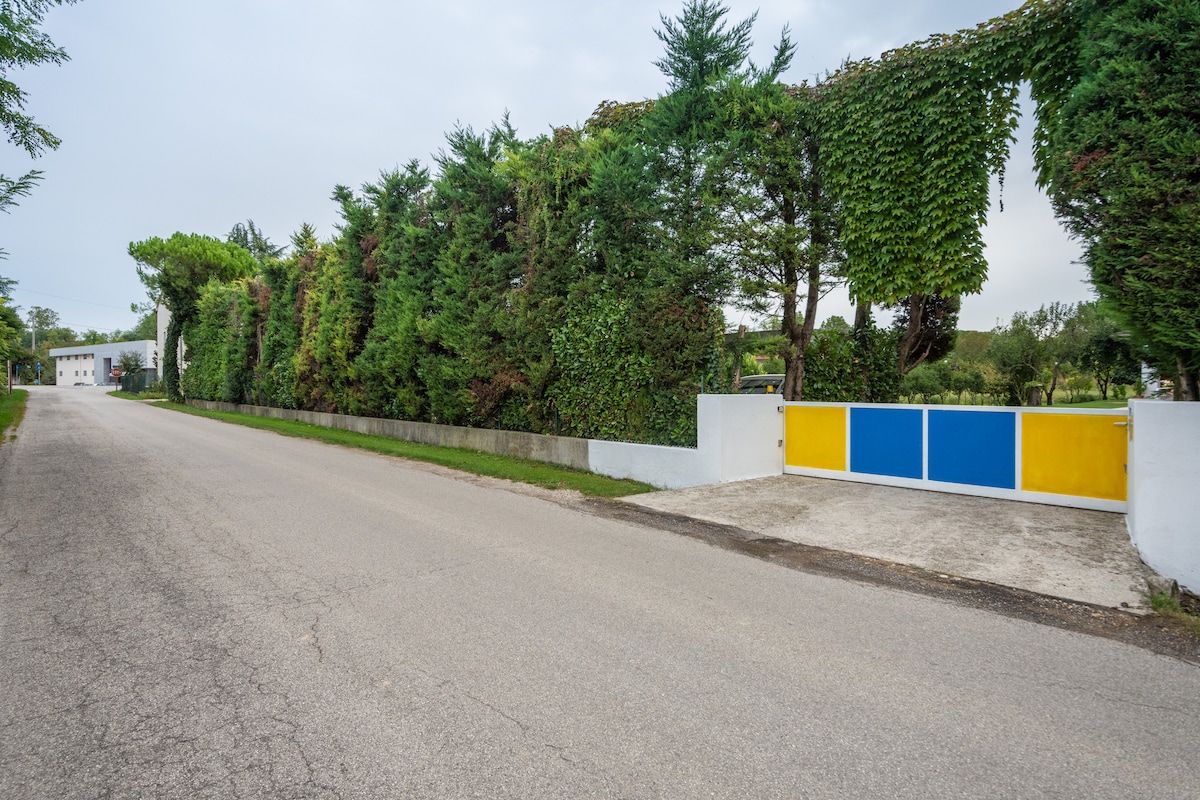 A driveway leads towards a colorful gate framed by lush greenery. The gate, painted in yellow and blue, stands at the entrance to the property. A neatly paved road extends ahead, offering access to the surrounding greenery.