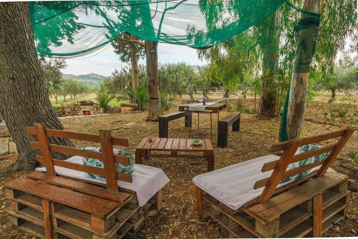 An outdoor seating area is created with wooden pallet benches and a simple table, all positioned under a protective canopy. Natural greenery surrounds the space, with olive trees and other vegetation visible in the background, enhancing the inviting atmosphere for relaxation.