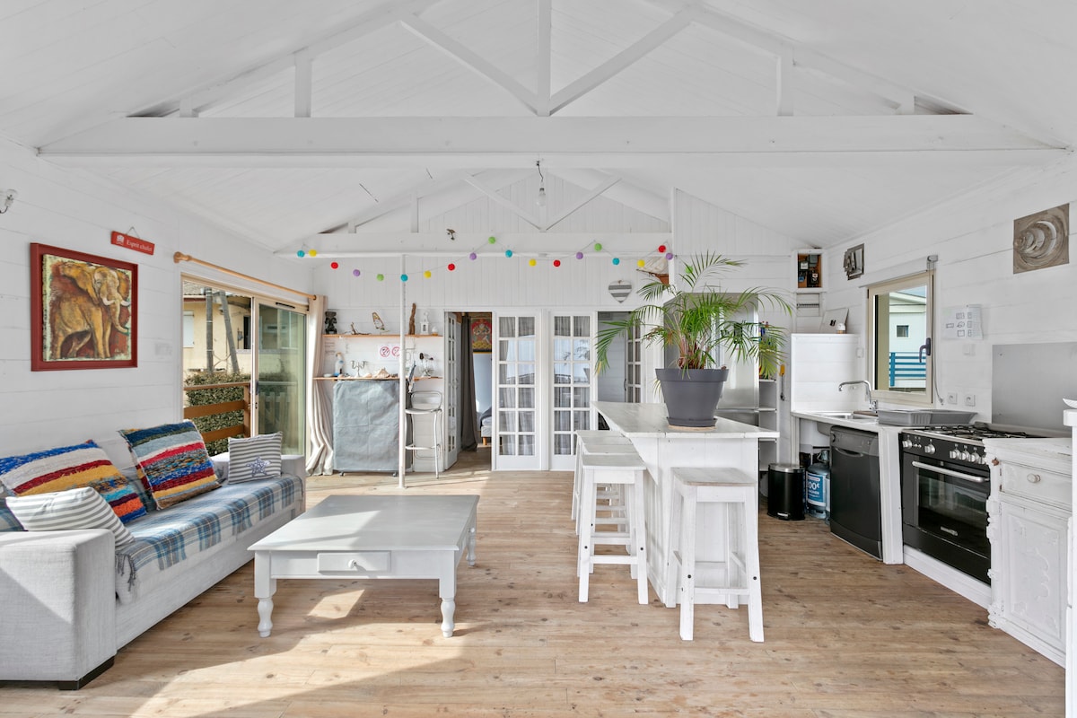 An airy living area features a white-beamed ceiling and wooden flooring, with a comfortable sofa adorned with colorful throw pillows. A large dining table is positioned nearby, while a modern kitchen is equipped with essential appliances. Natural light floods the space through multiple windows.