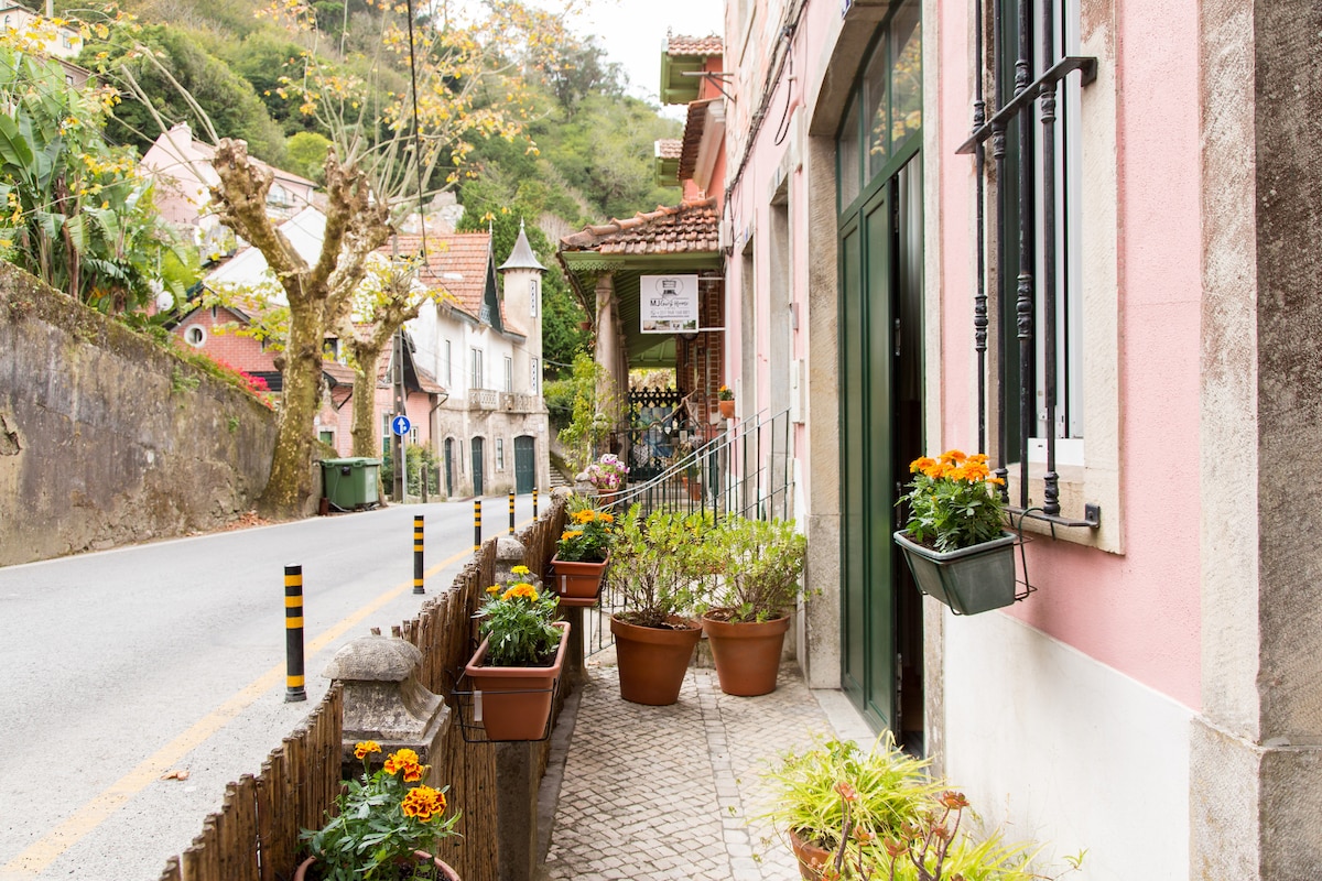 The image depicts a charming street lined with potted plants featuring vibrant orange flowers. A mix of traditional and modern architecture is visible, with a sweeping view of the road and hillside in the background. A welcoming entrance is framed by lush greenery.