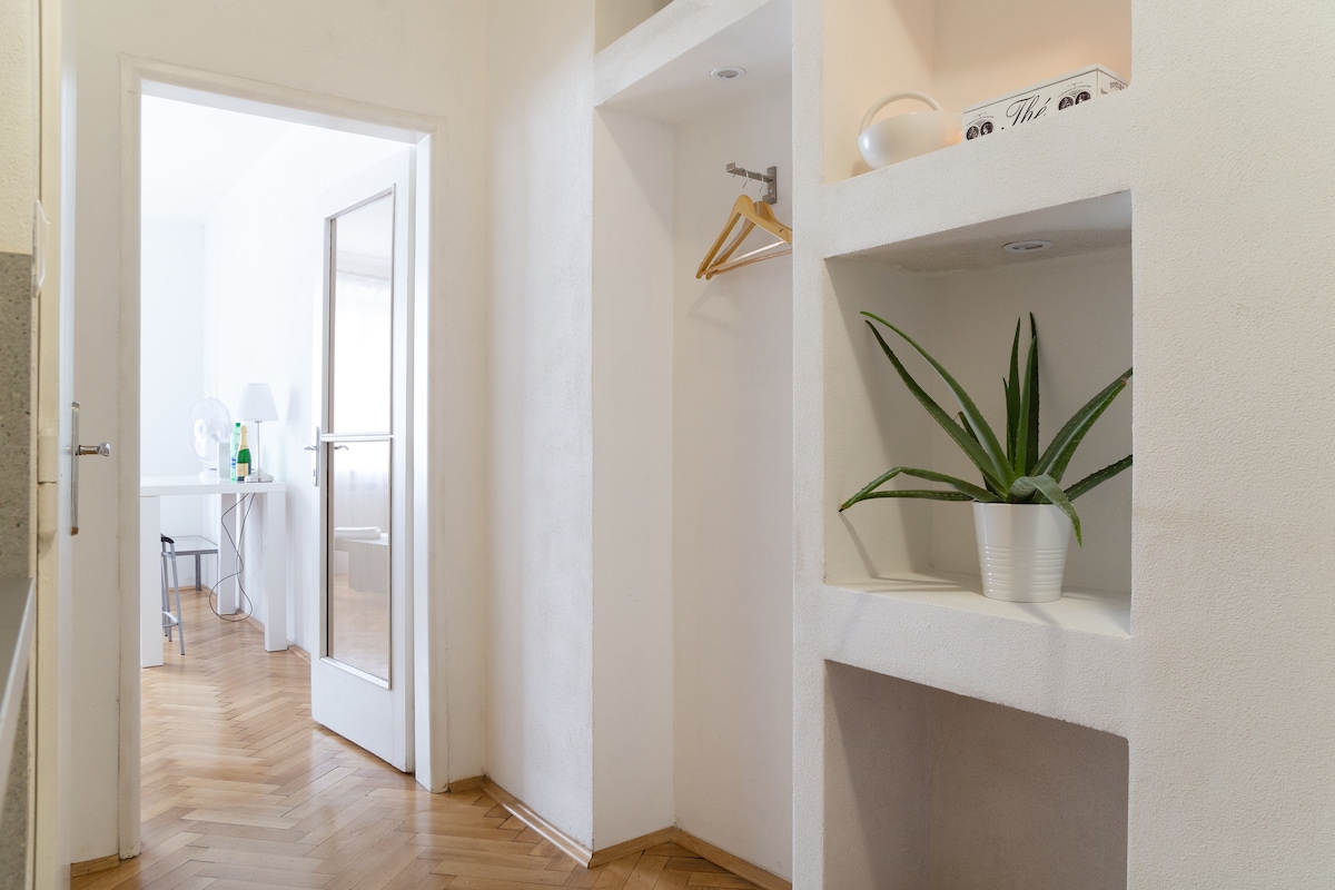 A bright entrance hall is visible, featuring a coat rack and a decorative shelf with a potted plant. The light-colored walls complement the wooden flooring, leading to an open space that suggests a welcoming atmosphere.