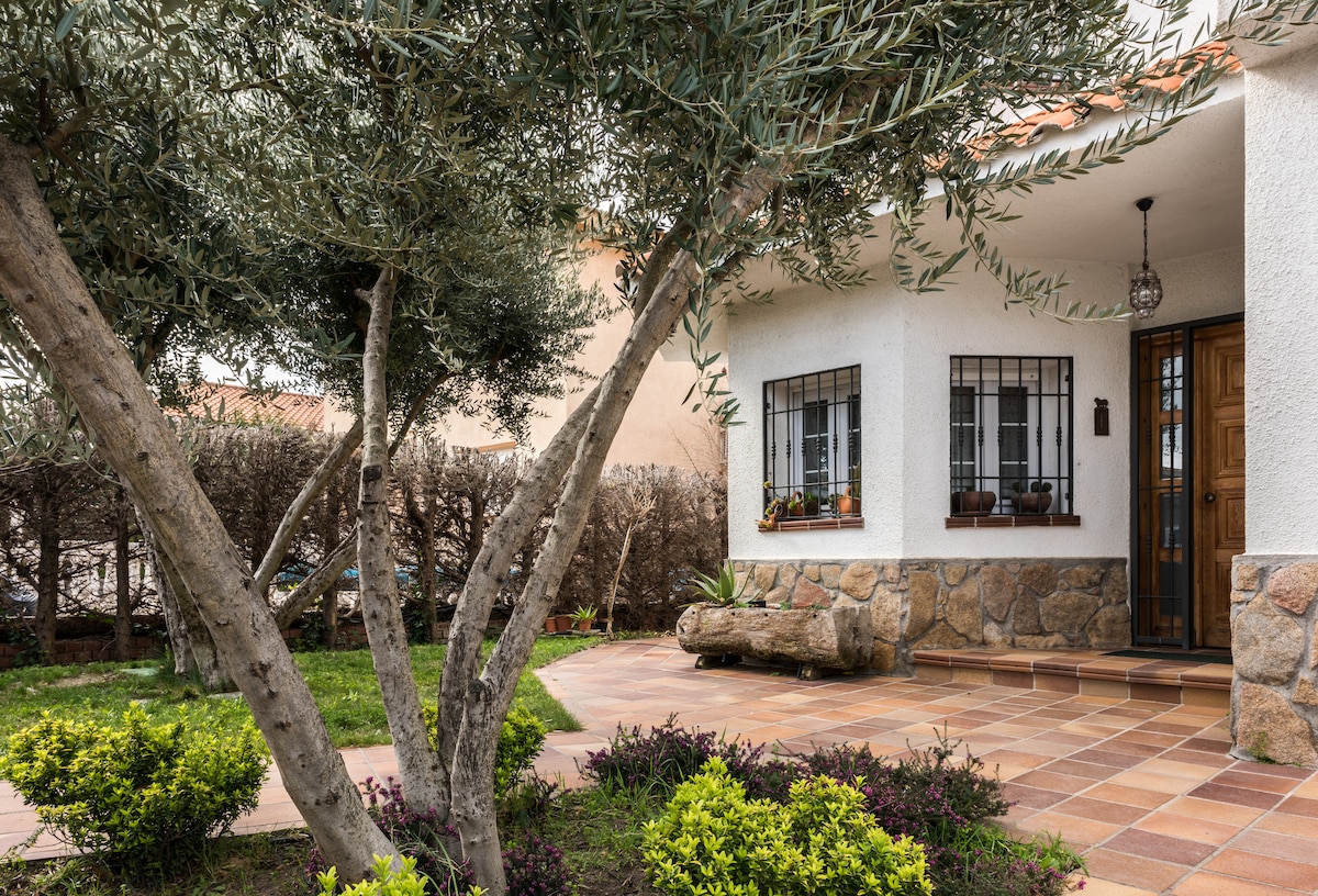 A quaint exterior view of the house is displayed, featuring greenery including olive trees and flower beds. The entrance is framed by a stone facade, with a welcoming wooden door and small windows adorned with flower pots. Paved paths lead to the door.
