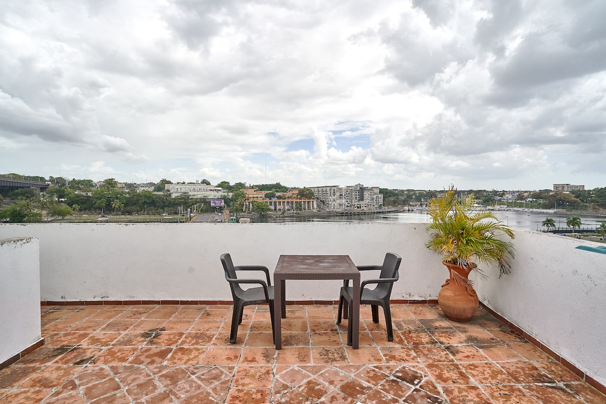 An open terrace is presented with a small brown table and two matching black chairs. A potted palm adds a touch of greenery. The terrace overlooks a landscape of buildings and trees under a cloudy sky, providing a serene outdoor space.