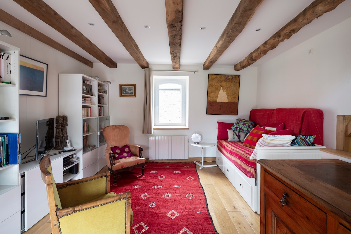 The cozy living space features wooden beams on the ceiling, a colorful area rug, and a combination of seating options including an armchair and a daybed. A bookshelf and television are positioned against one wall, complemented by artwork creating a warm atmosphere.