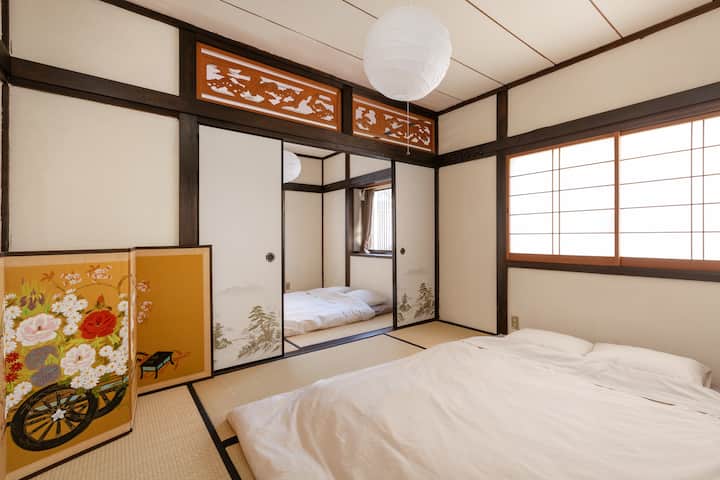Traditional Japanese Tatami room with two double(140*200) mattress futon bed in each room.  