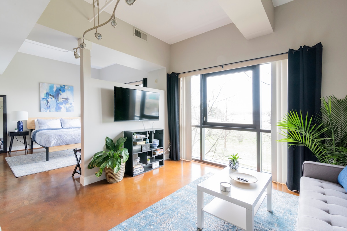 The open living space features a plush sofa and a coffee table, accented by a decorative plant beside a media console. Large windows provide natural light, while contrasting curtains frame the view. A cozy sleeping area is visible in the distance, highlighting a calming blue color scheme.