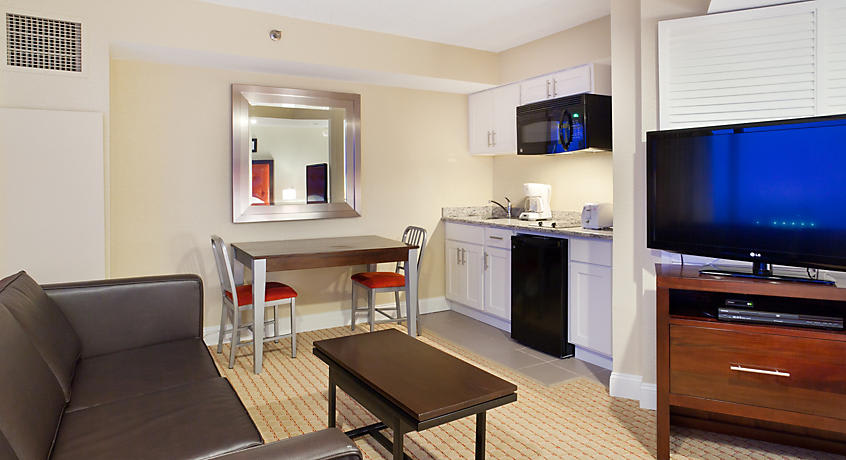 The studio suite features a compact kitchen area with modern appliances, including a microwave and refrigerator. A dining table with chairs is positioned near a large mirror. A dark coffee table sits in front of a sofa, and a flat-screen TV is mounted on the opposite wall.