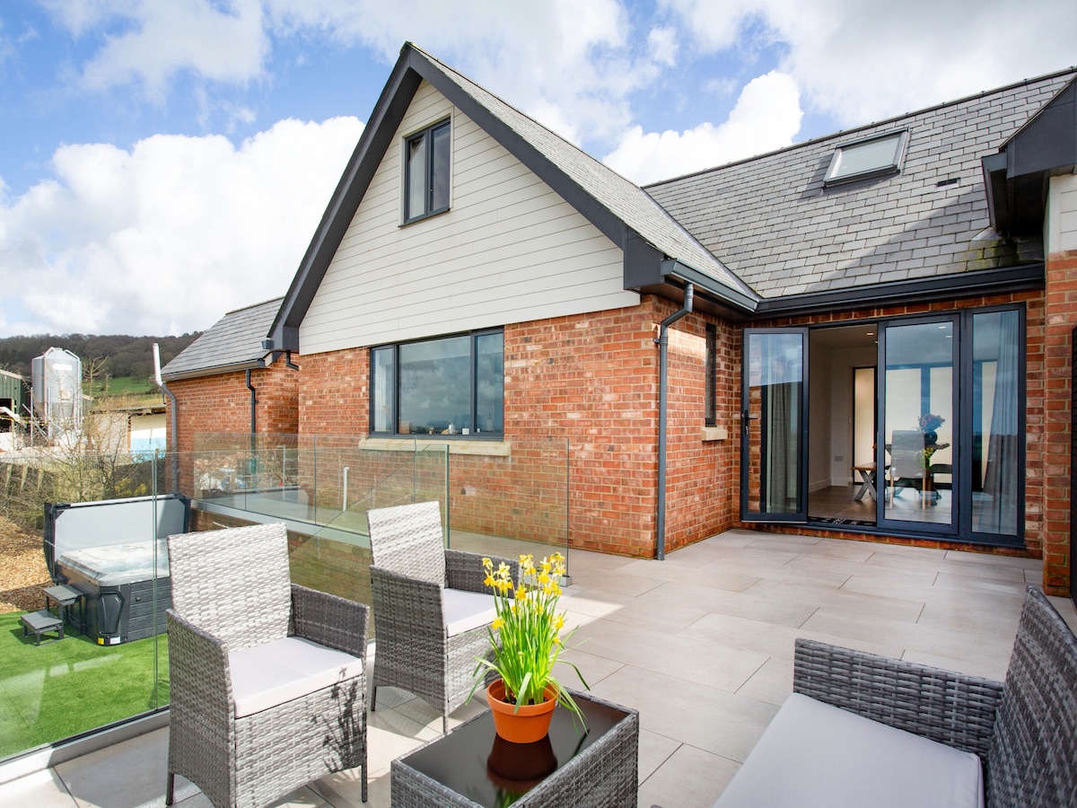 A spacious terrace area is showcased, featuring modern wicker seating and a low table. Large glass doors provide access to the interior, while stunning views of the countryside are visible through the expansive windows. A bright potted plant adds a touch of natural beauty.