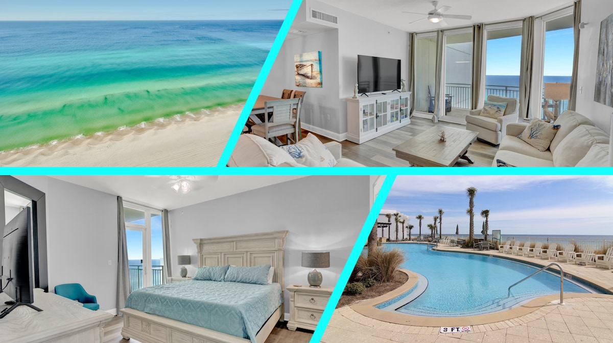 Captivating views of the Gulf are visible from the living area, where large windows allow natural light to fill the space. A spacious bed with light bedding is in the master bedroom, complementing beach-themed decor. The outdoor pool area, featuring lounge chairs, offers a serene atmosphere.