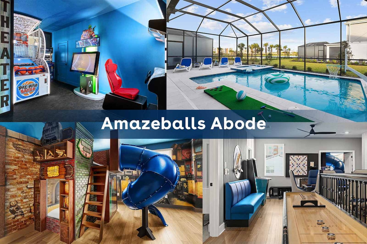 A vibrant game area features arcade games and a recliner for movie watching, while the pool area showcases sun loungers next to a crystal-clear pool. A whimsical slide and a spacious lounge area add fun to the entertainment experience. Bright decor enhances the inviting atmosphere.