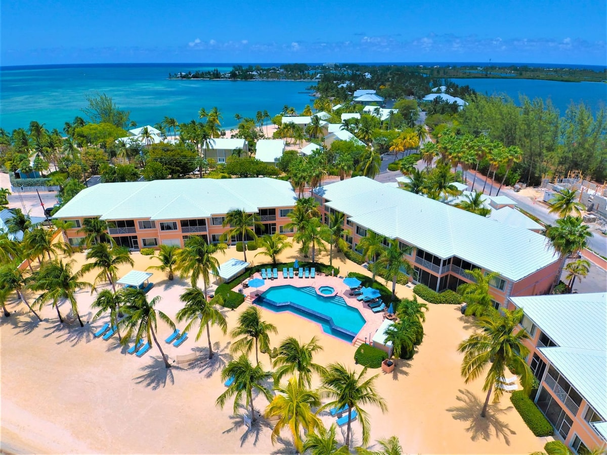An aerial view captures the well-manicured grounds of the beachfront property, featuring a heated pool with lounge chairs and a hot tub. Lush palm trees surround the area, while the shimmering ocean in shades of blue complements the sandy beach.