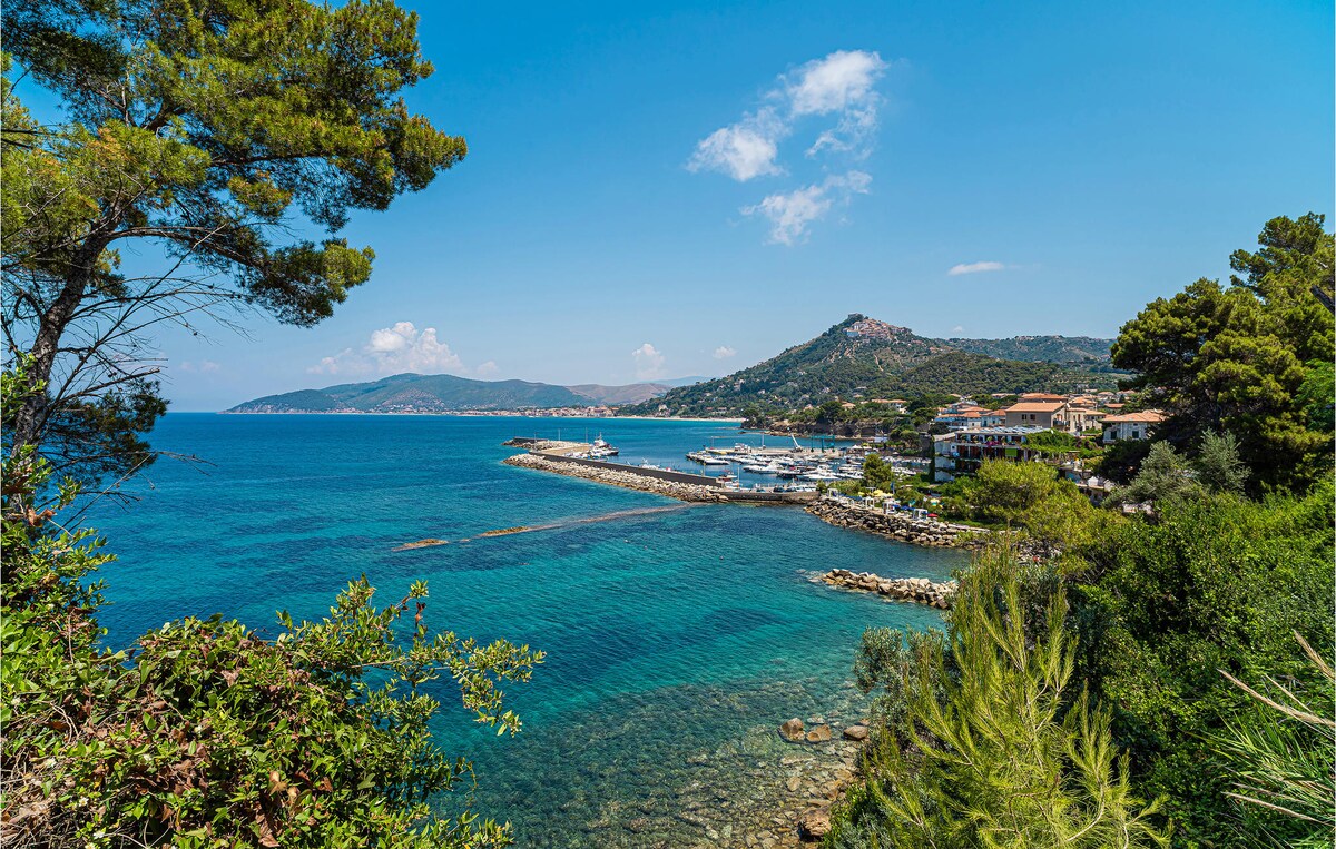 A coastal view reveals a serene harbor lined with boats, nestled against a backdrop of rolling green hills. The clear blue water transitions to a rocky shoreline, framed by lush vegetation. Fluffy white clouds drift across the bright sky, enhancing the tranquil scene.