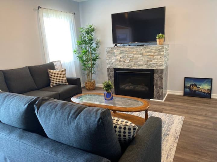 غرفة عائلية بسرير أريكة ومدفأة غاز وتلفزيون