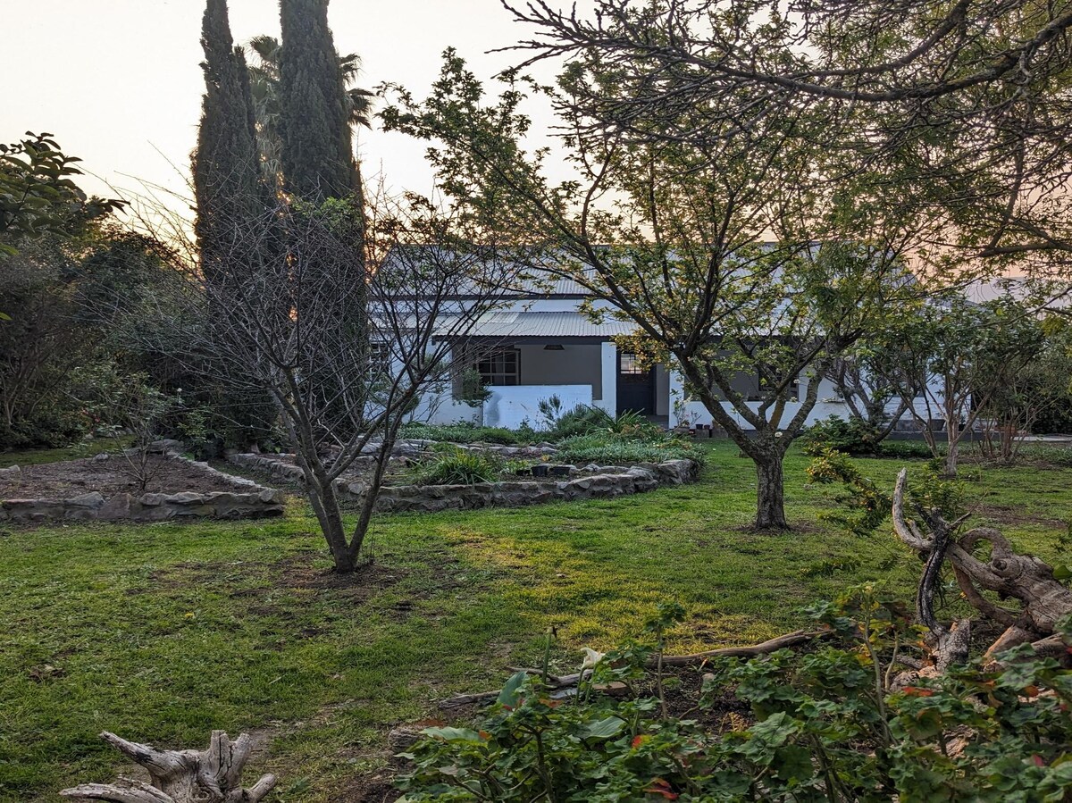 A well-maintained garden is visible, featuring mature trees and various green shrubs. A stone pathway leads to a simple white structure, complemented by a sloping roof. The overall setting is tranquil, with a soft golden light illuminating the scene.