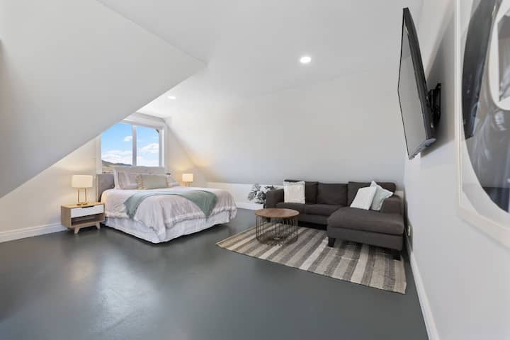 Голема спална соба со кауч и телевизор, имајте предвид дека оваа спална соба е над гаража, одделена од другиот дел на горниот кат - овие скали не се пристапни за постари лица или мали деца