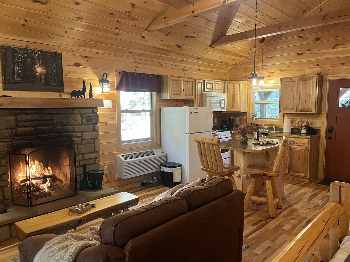 A warm living area features natural wood paneling and wooden cabinetry. A stone fireplace with a flickering flame creates a cozy focal point. A comfortable seating arrangement is visible, along with a dining table set for two, and a well-equipped kitchen in the background.
