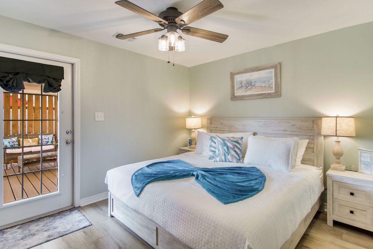 Bedroom 2: king bed + Roku TV + direct patio access
