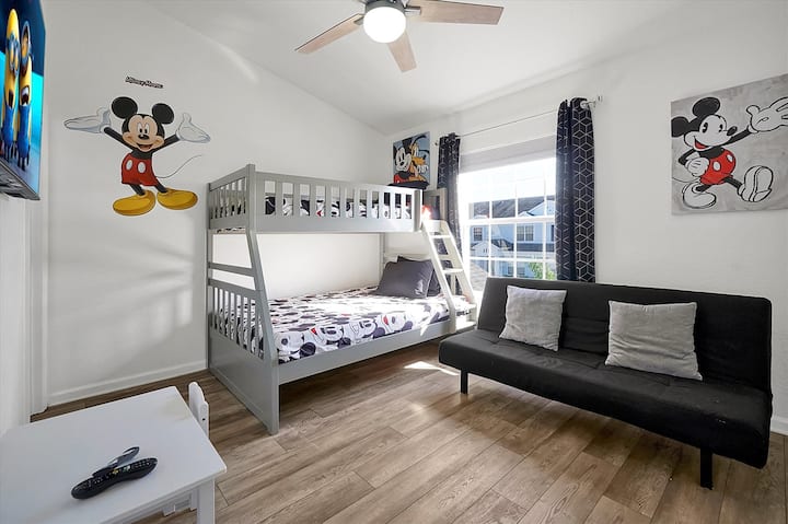 Mickey themed Bedroom Twin top bunk, full bottom bed & futon bed.