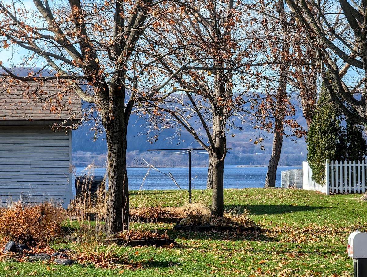A serene outdoor view captures a peaceful landscape featuring trees with autumn leaves, framing a glimpse of the water in the background. The grassy area is adorned with scattered plants, and a white picket fence is visible to the right.