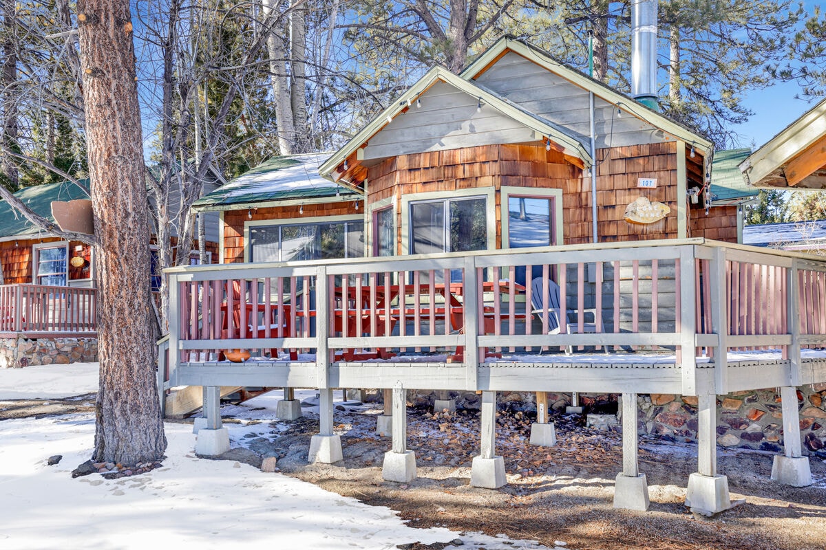 A charming cabin is shown with a wooden deck leading to a bright entrance. Natural wood siding adds a rustic touch, while large windows invite ample natural light. Snow is visible on the ground, surrounded by pine trees, creating a serene outdoor setting.