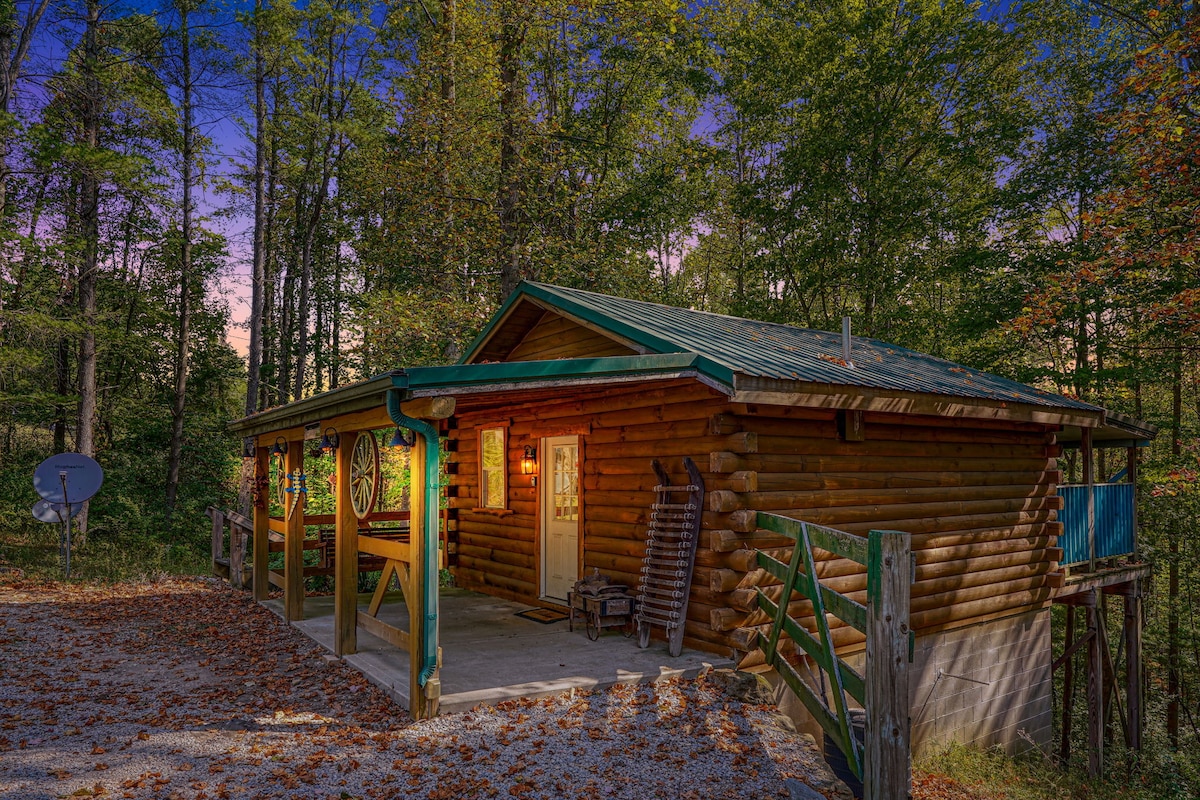 A rustic log cabin is set among the trees, surrounded by colorful foliage. The entrance features a covered porch with seating, and a satellite dish is visible on the side. Soft evening light enhances the cabin's warm appearance against the natural backdrop.