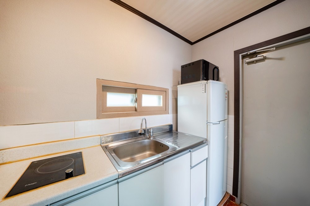 A compact kitchen area is featured, equipped with a stainless-steel sink and a cooking area with an induction stove. A refrigerator stands alongside a microwave on a shelf. Natural light enters through a small window, illuminating the clean countertops and cabinets.