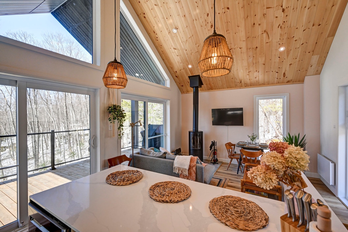 A spacious living area is highlighted by high wooden ceilings and large windows, allowing natural light to fill the space. Modern furnishings include a cozy sofa and a dining table. A wood-burning fireplace and a television are positioned for comfort and entertainment.
