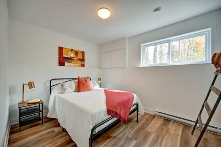 Dormitorio con una cama matrimonial en el sótano.