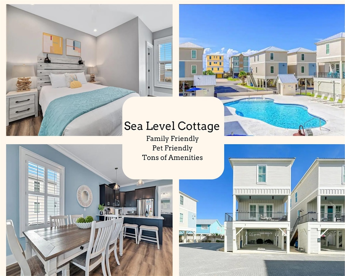 The image features a collage highlighting Sea Level Cottage. A modern bedroom is shown with a neatly made bed and colorful accents. The community pool, surrounded by lounge chairs, reflects a bright blue sky. An inviting dining area with a wooden table is visible, along with an exterior view of the elevated home.