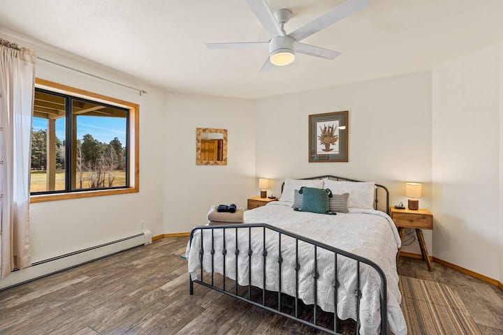 Downstairs/ basement level bedroom #3, with a queen bed, bedside charging and closet space.