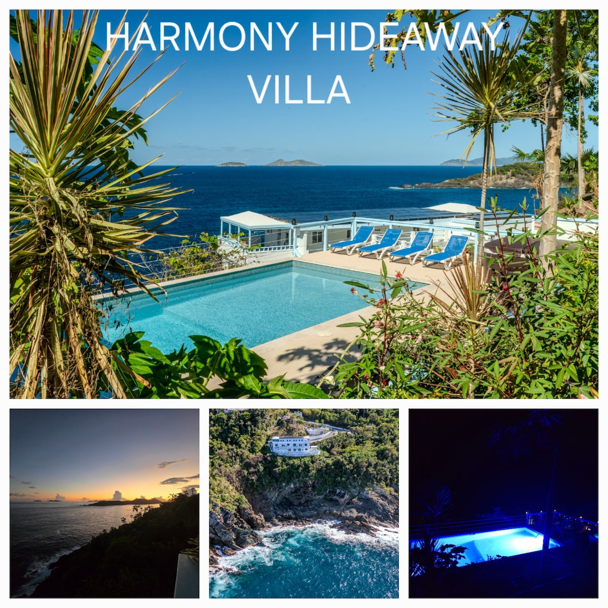 The villa's infinity pool is set against the backdrop of the Atlantic Ocean, framed by tropical greenery. A row of lounge chairs lines the poolside, inviting relaxation. The scene captures the tranquil essence of oceanfront living with clear blue waters stretching into the horizon.