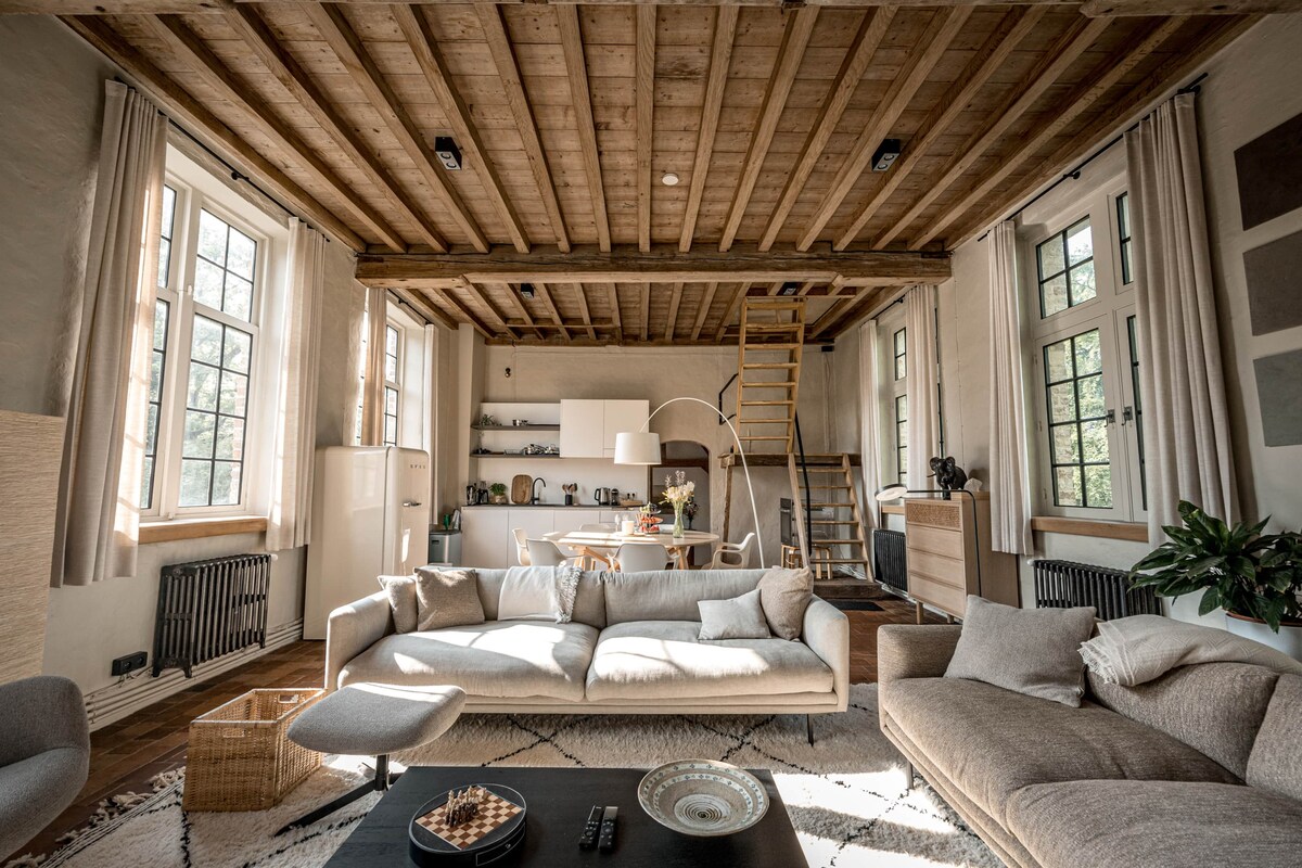The living room features exposed wooden beams and large windows allowing natural light to fill the space. A comfortable sofa is positioned facing a coffee table, with a cozy armchair nearby. The open kitchen is visible, showcasing modern appliances and a wooden ladder leading to a lofted area.