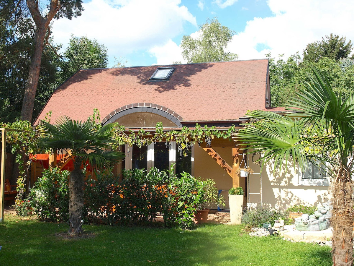 The exterior of a renovated dacha showcases a sloped roof with a skylight. Lush greenery surrounds the entrance, including palm trees and climbing vines. A terrace area is visible, offering a relaxed outdoor space enhanced by garden furniture.