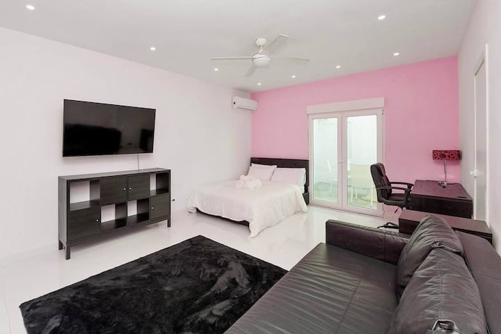 Chumba cha kulala chenye nafasi kubwa chenye kabati la nguo na milango inayoingia kwenye ua wa kujitegemea, kitanda kikubwa cha watu wawili, kitanda cha sofa cha starehe, koni ya hewa, feni ya dari, televisheni mahiri ya inchi 50 iliyo na netflix na mlango wa kujitegemea wa chumba cha kuogea na choo. Inalala hadi wageni 4.