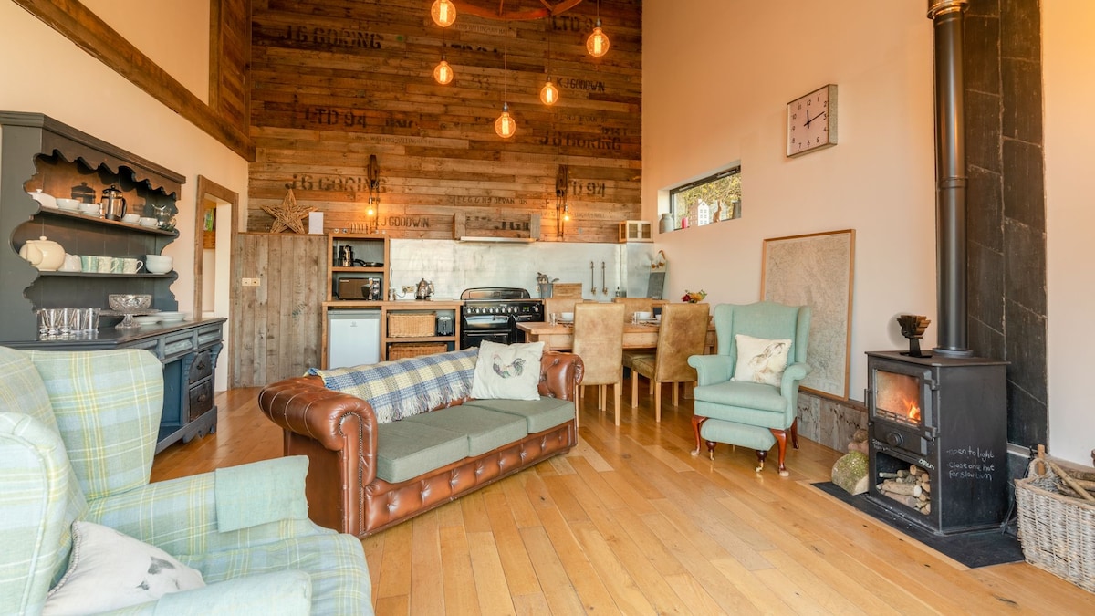 The open-plan living area features a combination of rustic wood walls and modern decor. A leather sofa and a pair of patterned armchairs are arranged around a wood-burning stove. A dining table seats four, while a well-equipped kitchen with a range cooker is visible in the background.