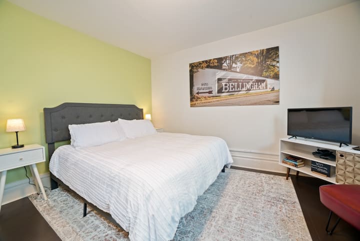 Looking Into the Open King Bed Studio with Smart TV