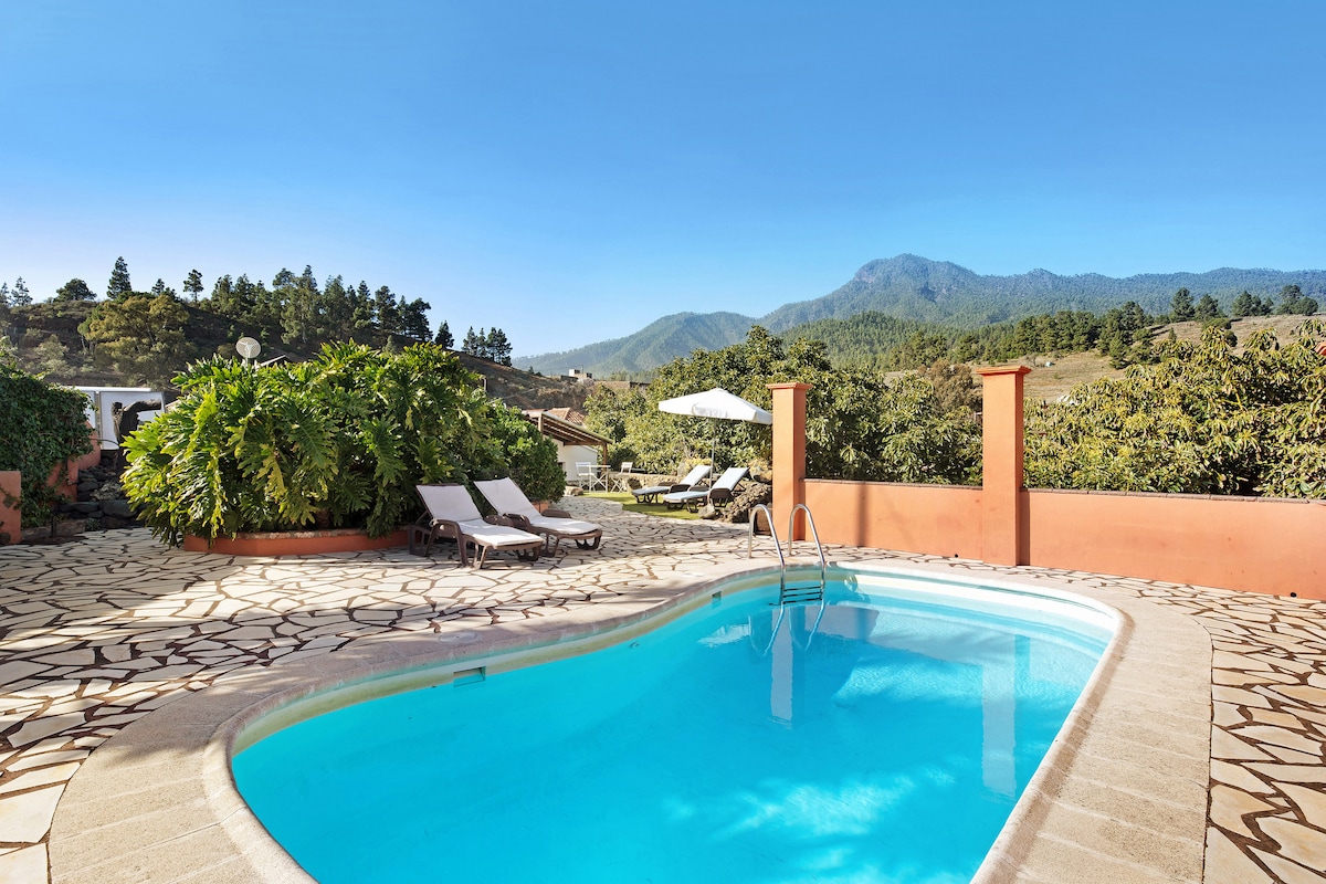 A private pool is set against a backdrop of mountains, surrounded by a paved area. Sun loungers are arranged nearby, and lush greenery adds to the outdoor space. A covered seating area is visible in the distance, enhancing the recreational setting.
