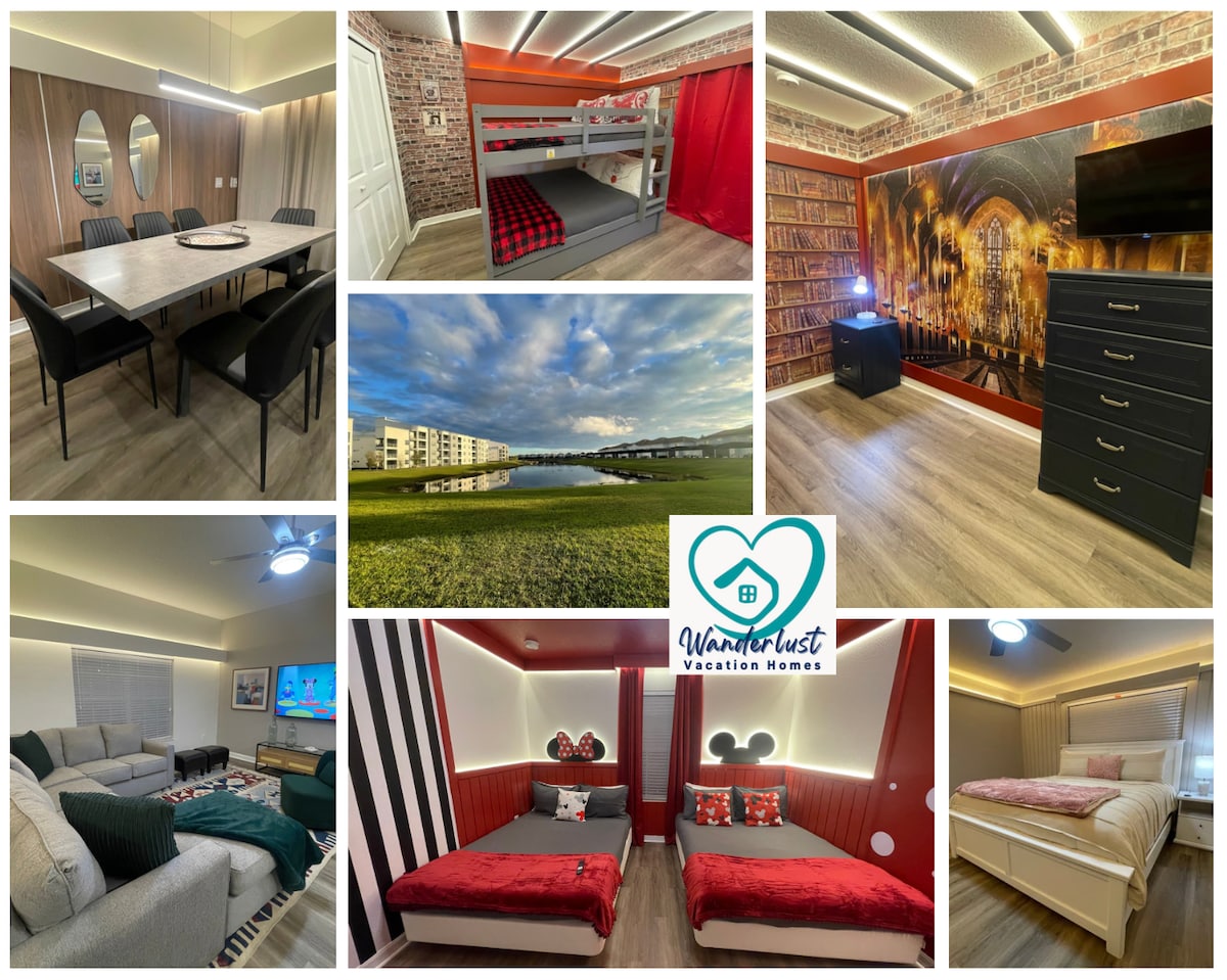 A collage of vibrant rooms includes a dining table set for six, a whimsical Harry Potter-themed bedroom with a bunk bed, and a Mickey Mouse-themed room with two full beds. Large windows showcase scenic views of the resort grounds, complemented by modern lighting throughout.
