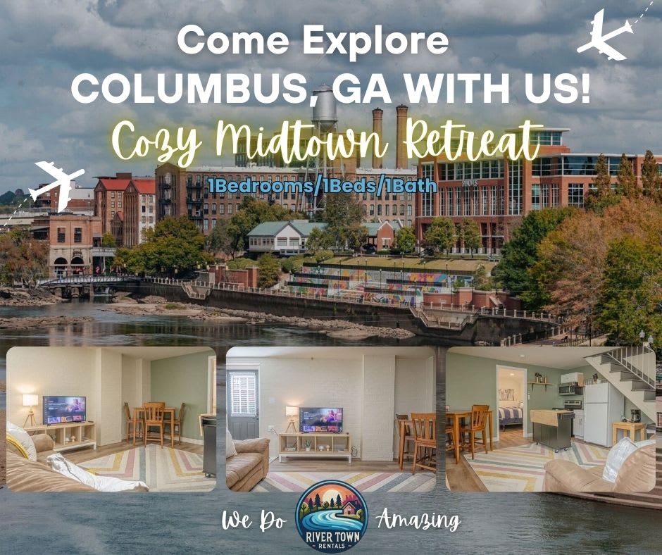 An inviting view of a waterfront scene in Columbus, GA, showcases the vibrant urban landscape. Below, a spacious living area features a cozy interior with a neutral color palette, complemented by a colorful rug. Natural light filters through large windows, enhancing the welcoming atmosphere.