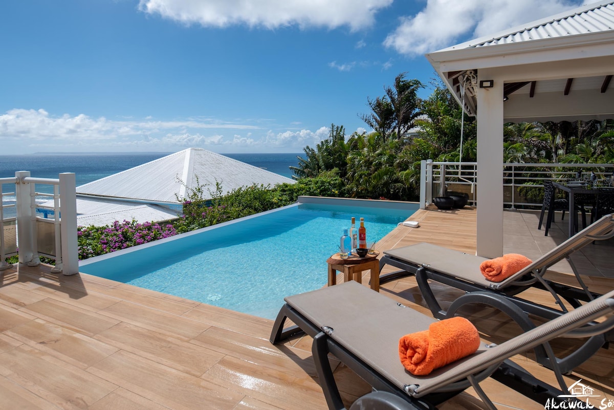 A private swimming pool is framed by a spacious wooden deck, featuring two loungers with bright orange towels. Lush greenery and flowering plants are visible in the background, accompanied by a panoramic sea view under a clear blue sky.